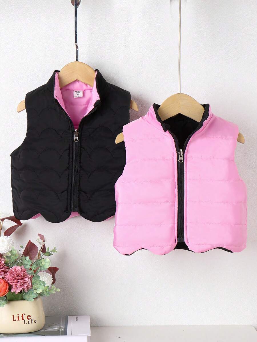 SHEIN Young Girl 1pc Zipper Front Reversible Vest Padded Coat - Black - View 1