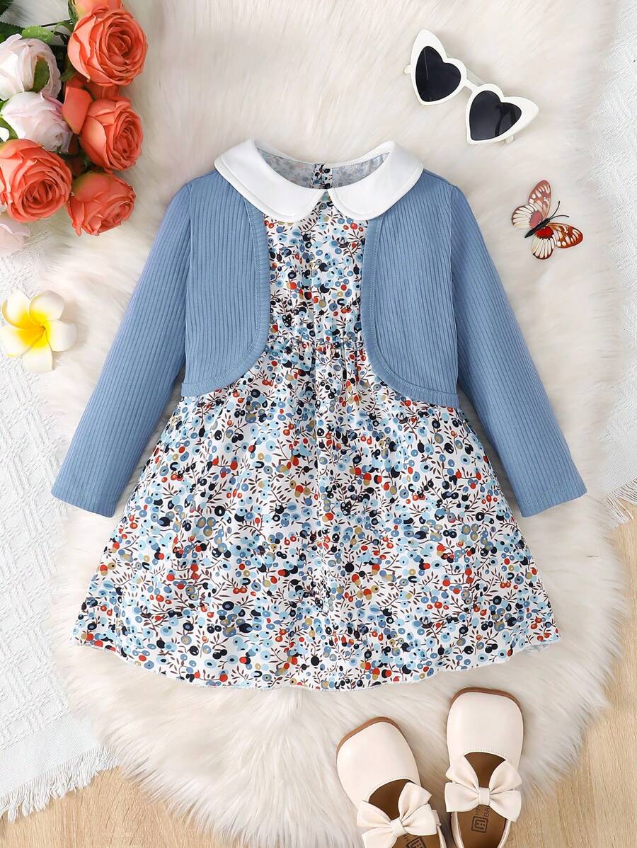 SHEIN 女小童碎花拼接領洋裝&夾克 - 淺藍色 - 查看 1