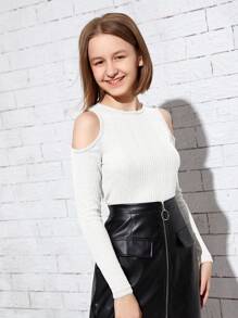 SHEIN 青少年女孩純色空心長袖T恤，適用於春秋兩季 - 白色 - 查看 3