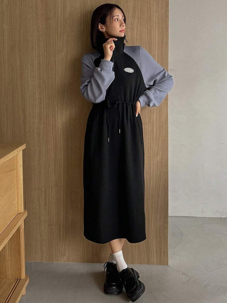 Letter Patched Detail Raglan Sleeve Drawstring Waist Dress Shirt Dress, Fall Dress Long Sleeve Dress