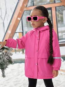SHEIN Young Girl Contrast Tape Snap Button Hooded Coat,In Fall/Winter - Hot Pink - View 6