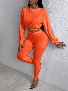 Slaydiva 落肩袖短款運動衫&緊身打底褲 - 亮橙色 - 查看 4
