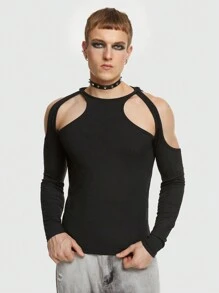 ROMWE MEN ROMWE Avant Các bạn Vai lạnh Cắt ra Đồ đan Ribbed Áo thun - màu đen - Xem 1