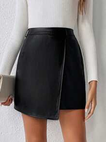 SHEIN Frenchy Cao eo Bao bên chất liệu da PU Váy - màu đen - Xem 4