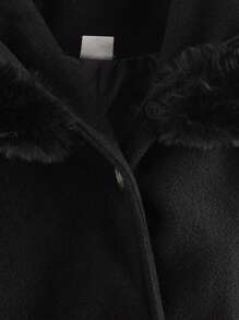 Young Girl Fuzzy Hooded Belted Overcoat - Black - View 4