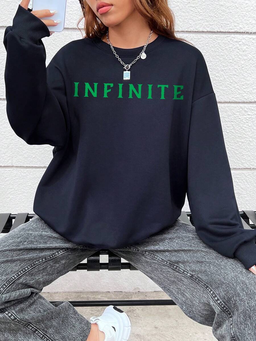 STROM NIGHT 艺术家字母图案落肩运动衫，适合假期、冬季、度假、节日 - 藏蓝色 - 查看 1