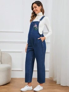 SHEIN 孕婦1入組花卉刺繡牛仔背帶褲 - 中等水洗藍 - 查看 6