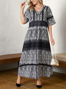 SHEIN Unity Hơn In hoa Ditsy Cổ v Đầm - Đen và trắng - Xem 1