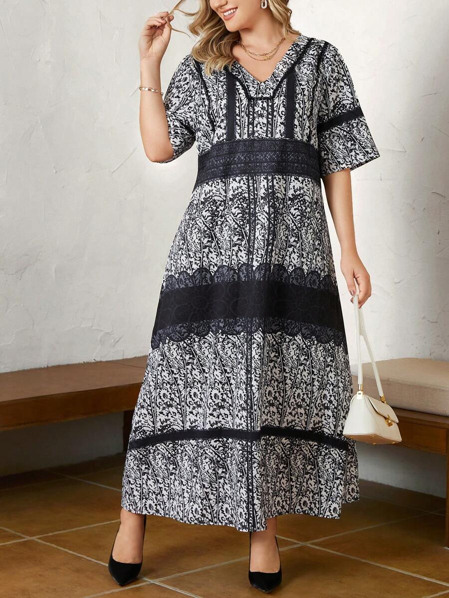 SHEIN Unity Hơn In hoa Ditsy Cổ v Đầm - Đen và trắng - Xem 1