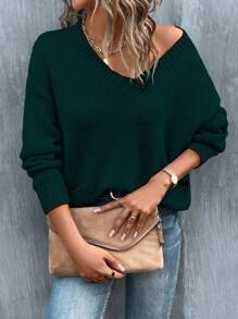 SHEIN LUNE 素色落肩袖V領套頭毛衣 - 墨綠色 - 查看 1