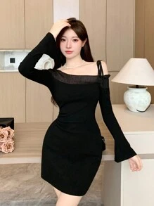 DAZY Solid Asymmetrical Neck Lace Trim Bodycon Dress,Casual Women Dresses,Fall Dress - Black - View 5