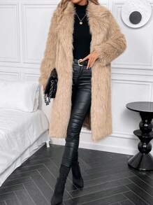SHEIN Clasi Lapel Neck Open Front Fuzzy Coat - Khaki - View 1