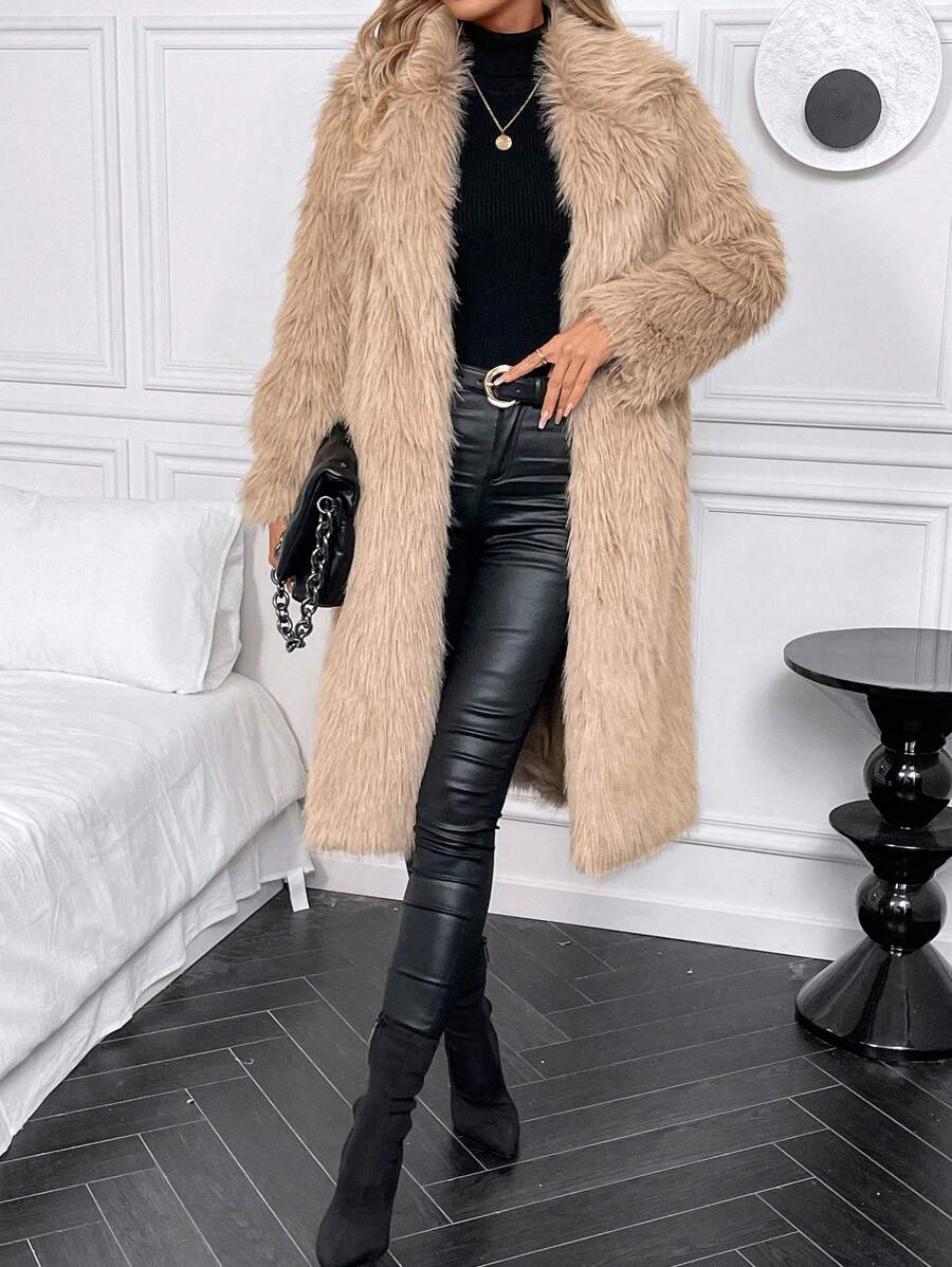 SHEIN Clasi Lapel Neck Open Front Fuzzy Coat - Khaki - View 1