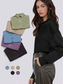 SHEIN BIZwear Single Breasted Satin Blouse Workwear - Black - View 1