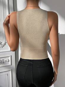 SHEIN Privé Solid Ribbed Knit Crop Knit Top - Apricot - View 2