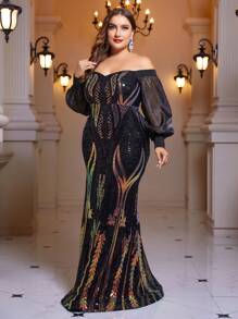 SHEIN Belle Plus Off Shoulder Lantern Sleeve Sequin Formal Dress - Black - View 5