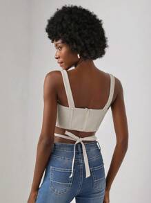 Thainara Oliveira Designer Tie Back Bow Detail Cut Out Cami Top, For Holiday, Vacation - Beige - View 2