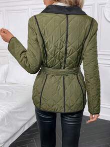 SHEIN Clasi Contrast Binding Belted Quilted Coat - Green - View 2
