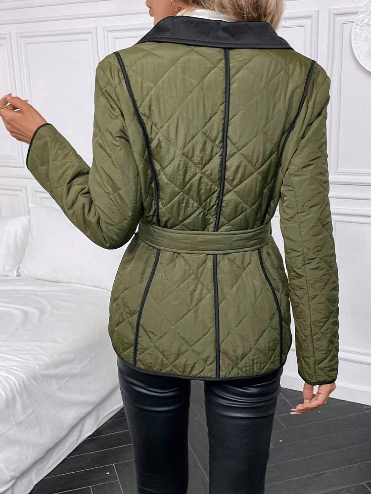 Contrast Binding Belted Quilted Coat