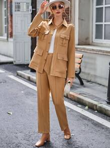 SHEIN Essnce Flap Pocket Belted Shirt & Pants - Khaki - View 4