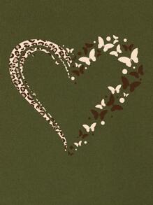 Calvaya Plus Size Women Casual Heart & Butterfly Print Fleece Sweatshirt, Autumn/Winter - Army Green - View 4