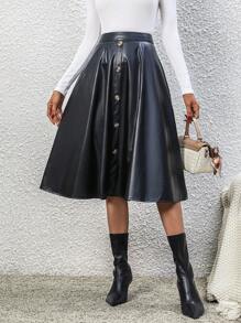 Chiquease 高腰單排釦PU皮革喇叭半身裙 - 黑色 - 查看 6