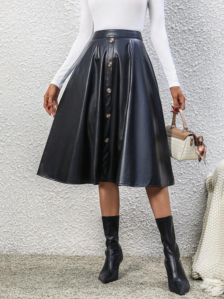 High Waist Single Breasted PU Leather Flare Skirt