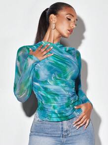 SHEIN BAE Tie Dye Ruched Side Tee - Green - View 1