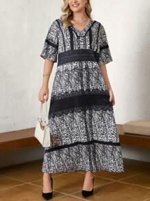 SHEIN Unity Hơn In hoa Ditsy Cổ v Đầm - Đen và trắng - Xem 2