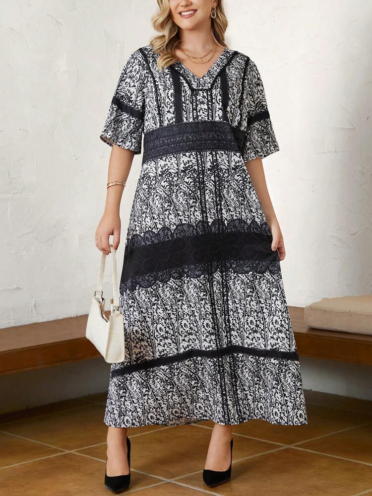 Plus Ditsy Floral Print V Neck Dress