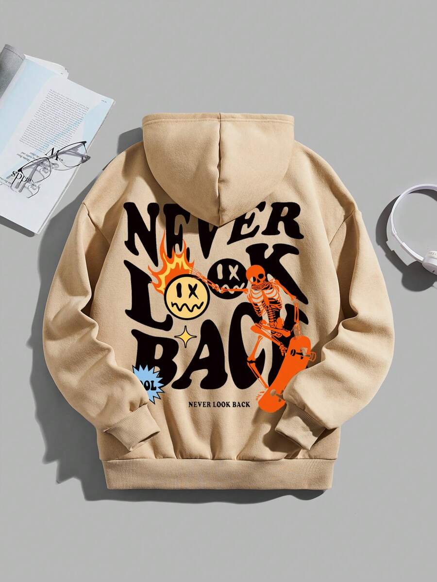 青少年男孩標語和卡通圖案袋鼠口袋抽繩保暖連帽衫 - 卡其色 - 查看 1