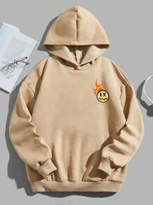 青少年男孩標語和卡通圖案袋鼠口袋抽繩保暖連帽衫 - 卡其色 - 查看 2