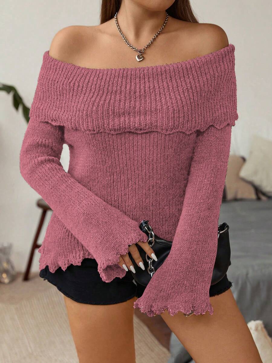 Flirla Plus Scallop Trim Foldover Off Shoulder Sweater - Pink - View 1