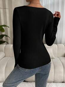 EMERY ROSE Solid Ribbed Knit V Neck Sweater,Long Sleeve Tops Knit Pullover Fall Winter Sweater - Black - View 2
