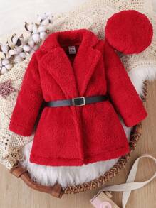 嬰兒西裝領腰帶絨毛外套和帽