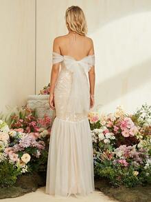 Off Shoulder Mermaid Hem Mesh Wedding Dress Mermaid Dress - White - View 2