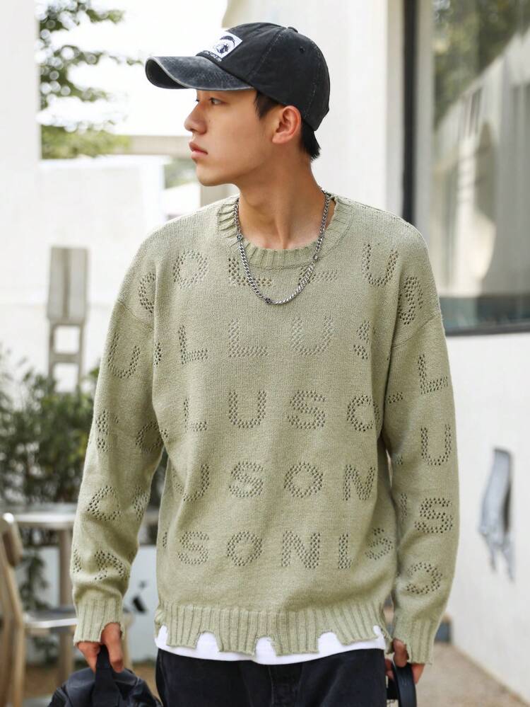 Loose Fit Men's Sweater With Letter Pattern And Drop Shoulders