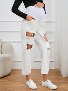 SHEIN Maternity Wideband Waist Cut Out Ripped Straight Leg Jeans - White - View 3