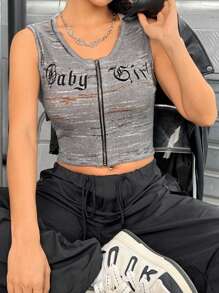 SHEIN EZwear 字母圖案拉鏈開襟短款背心 - 灰色 - 查看 3