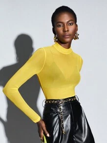 Maija Mock Neck Semi Sheer Mesh Top - Yellow - View 2