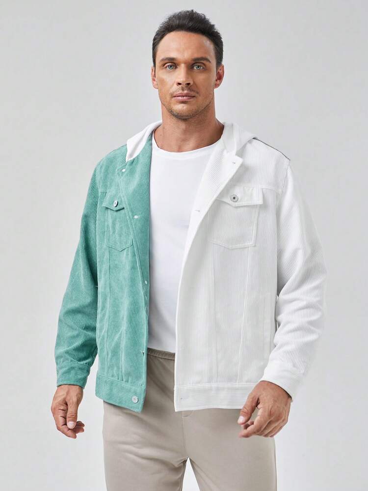 Loose Fit Plus Size Men Two-Tone Flap Pocket Hooded Corduroy Jacket, For Fall Winter
