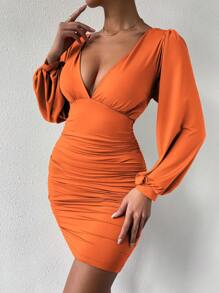 Chiquease Plunging Neck Lantern Sleeve Ruched Bodycon Dress - Orange - View 5