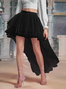 SHEIN MOD High Low Hem Mesh Overlay Skirt - Black - View 2