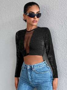 RueChic Lưới tương phản Áo phông Crop - màu đen - Xem 3