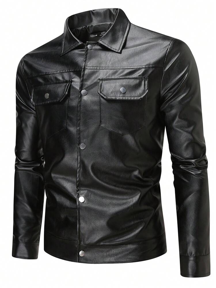 Manfinity Homme Men Flap Pocket PU Leather Jacket - Black - View 7