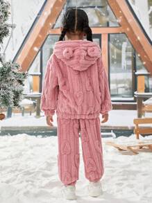 Young Girl 3D Ear Design Flannel Hoodie & Pants - Pink - View 2