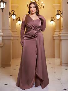 SHEIN Belle 大碼不對稱領前扭結高衩緞面正式洋裝 - 藕粉色 - 查看 5