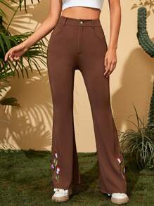 Soleia Mushroom Embroidery Flare Leg Pants - Brown - View 4