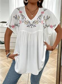SHEIN LUNE Plus Floral Embroidery Batwing Sleeve Blouse - White - View 3