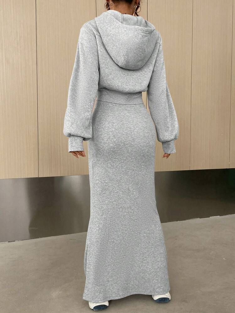 SHEIN EZwear Drop Shoulder Zip Up Hoodie & Cami Dress - Light Grey - View 2